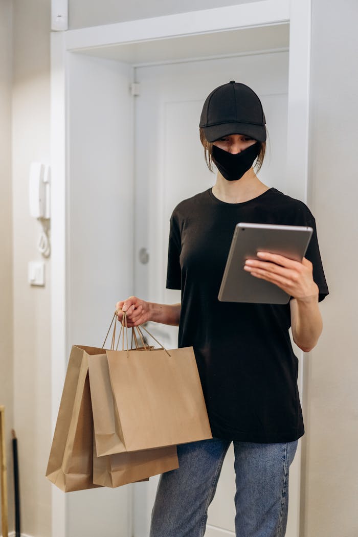 A woman wearing a mask delivers packages indoors while using a digital tablet.